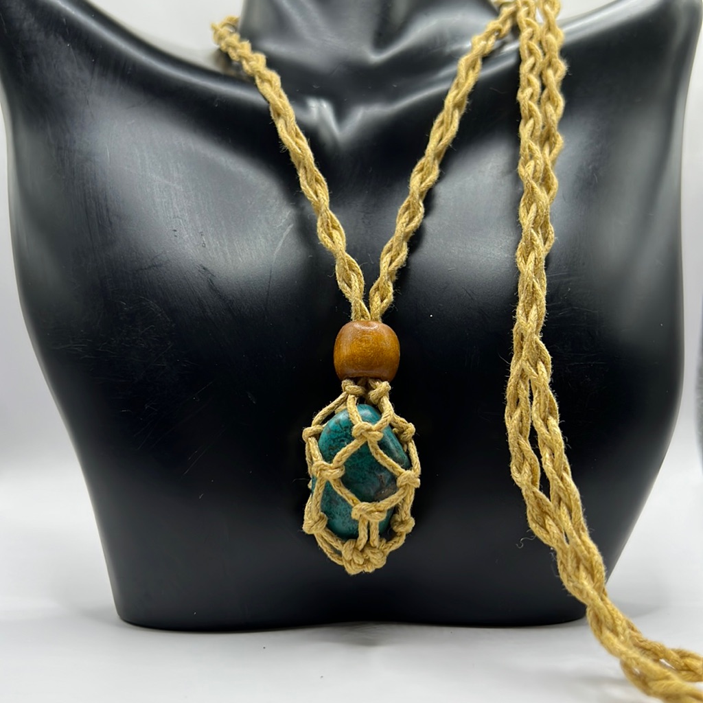 Handmade Macrame Necklace Chryscolla Malachite Hand Found/ Tumbled Stone